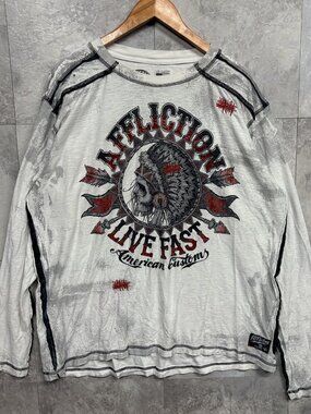 Affliction Live Fast Long Sleeve T Shirt Men's 2XL White Skull Graphic Y2K
